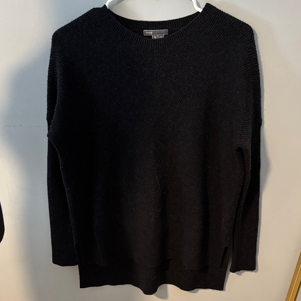 Vince Women's Black Merino Wool Blend Crewneck Sweater Side Slits Dolman Sleeves